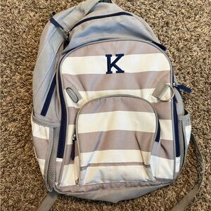 Pottery Barn Kids Navy, Gray & White Striped Backpack with Monogram K
